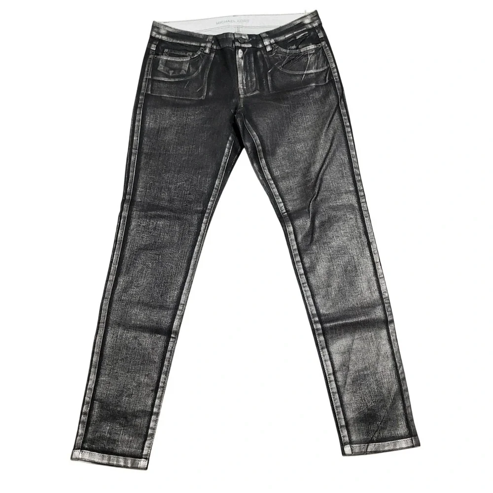 Michael Kors Gunmetal Metallic Skinny Jeans Silver Coated Denim‎ size 8 / 29